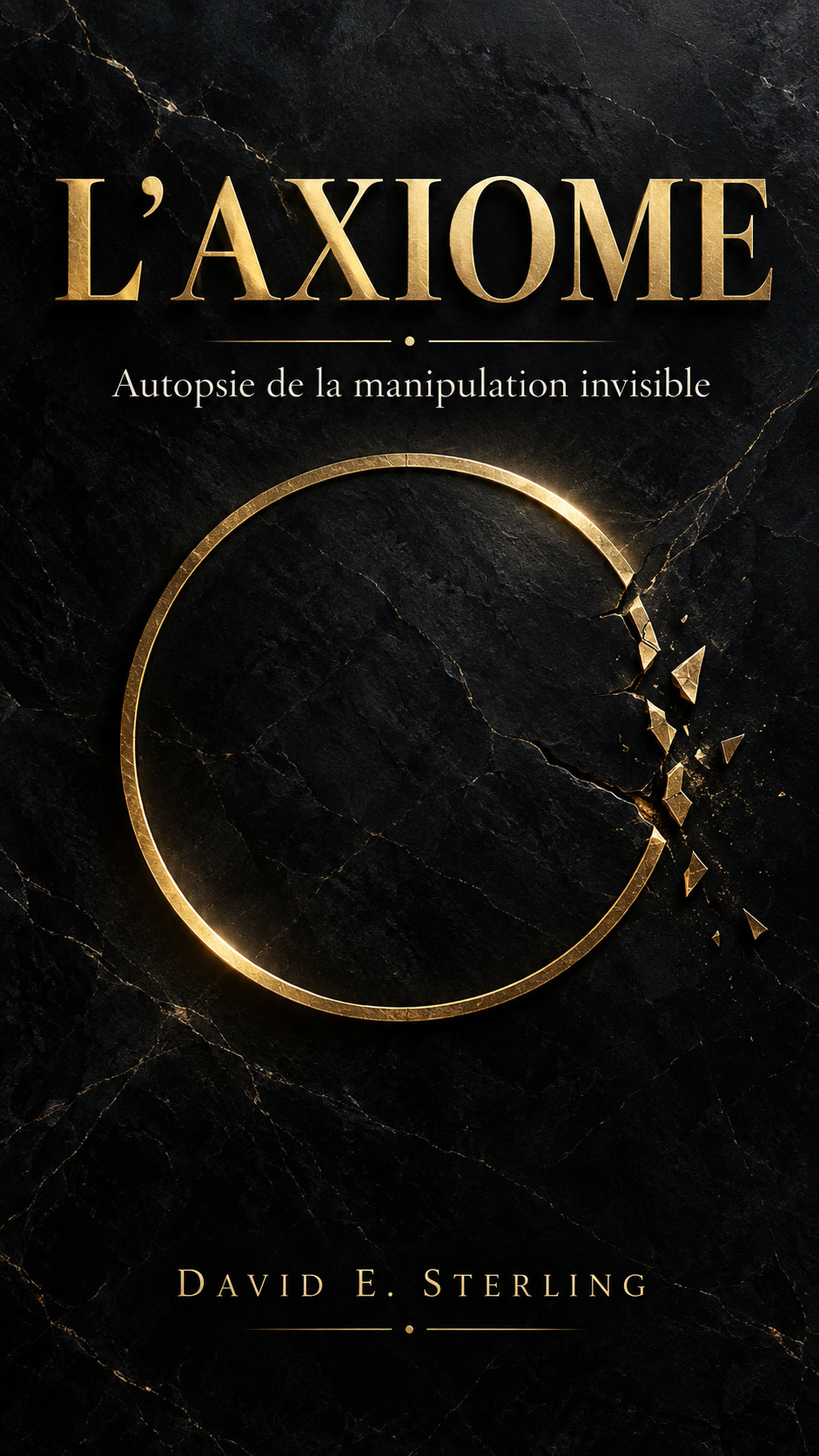 Couverture de L’Axiome, par David E. Sterling : marbre noir et cercle d’or brisé